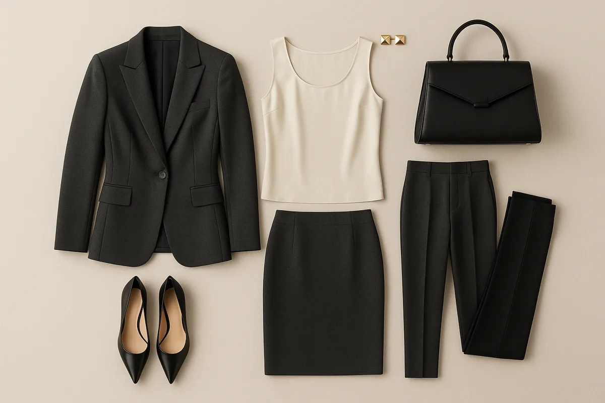 Dramatic Classic Body Type capsule pieces flat lay