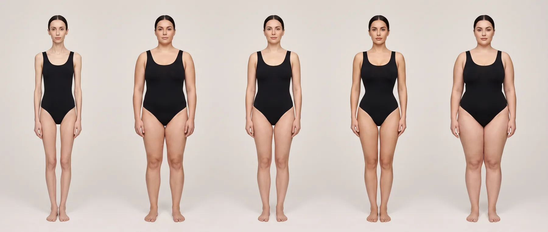 Five women with visibly different body lines in one studio lineup